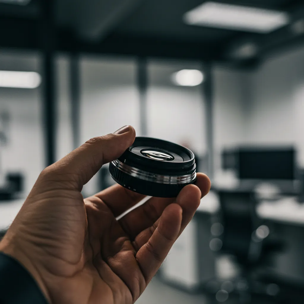 Gros plan sur une main ajustant un objectif d'appareil photo, fond flou de bureau moderne