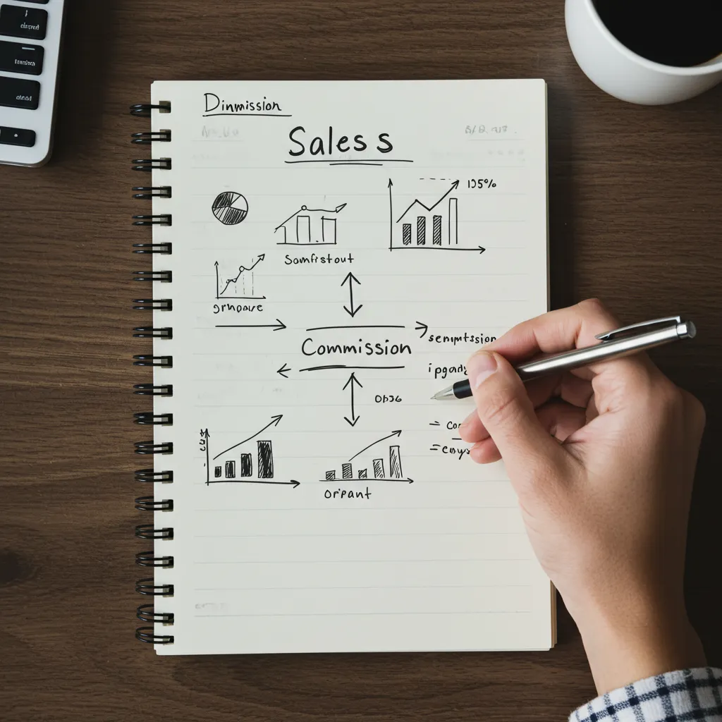 Calcul simple de commission ecrit a la main sur un bloc-notes