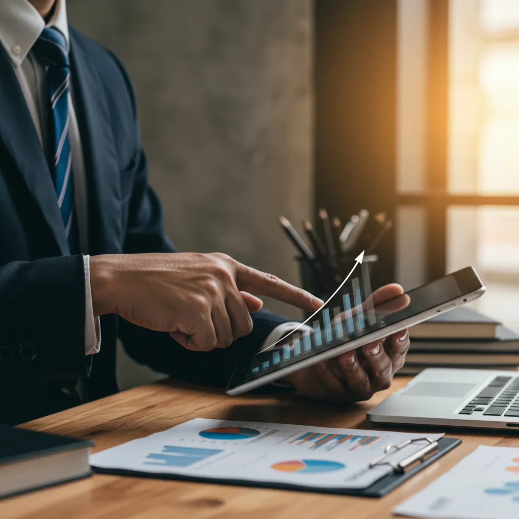 Manager commercial montrant un graphique de performance en hausse sur une tablette