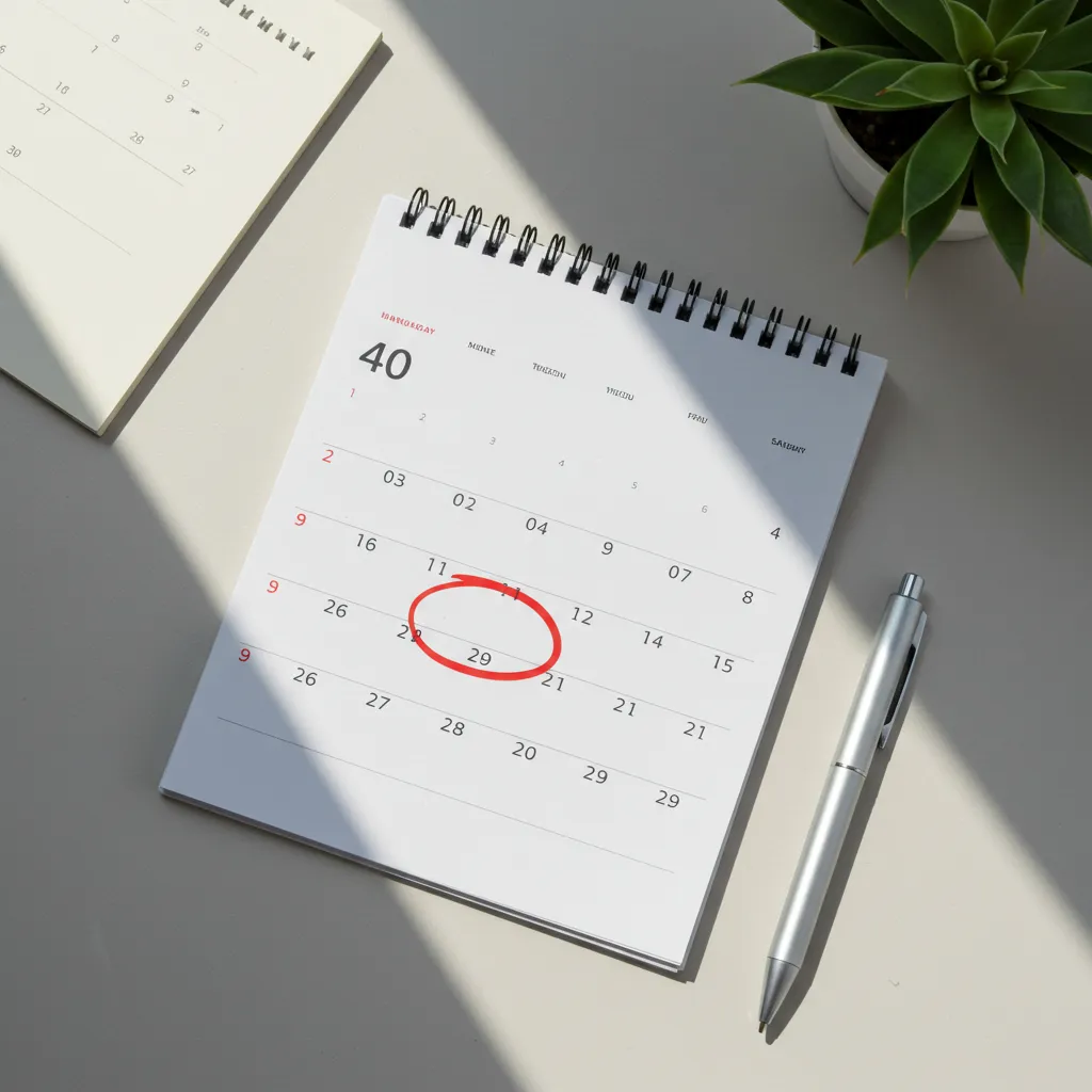 Un calendrier avec une date entourée en rouge, un stylo et une plante sur un bureau, illustrant le timing idéal pour augmenter ses prix.
