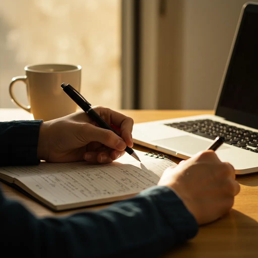 Une personne écrit dans un carnet à côté d'un ordinateur portable et d'une tasse de café, représentant la méthode en 5 étapes pour réussir l'augmentation des prix.
