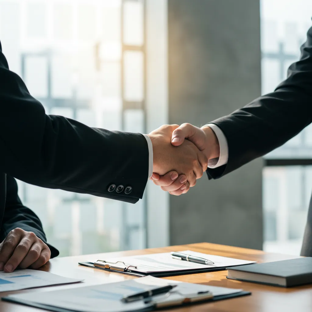 Un professionnel serre la main d'un client dans un bureau lumineux, symbolisant la communication transparente et la confiance lors d'une augmentation de prix.