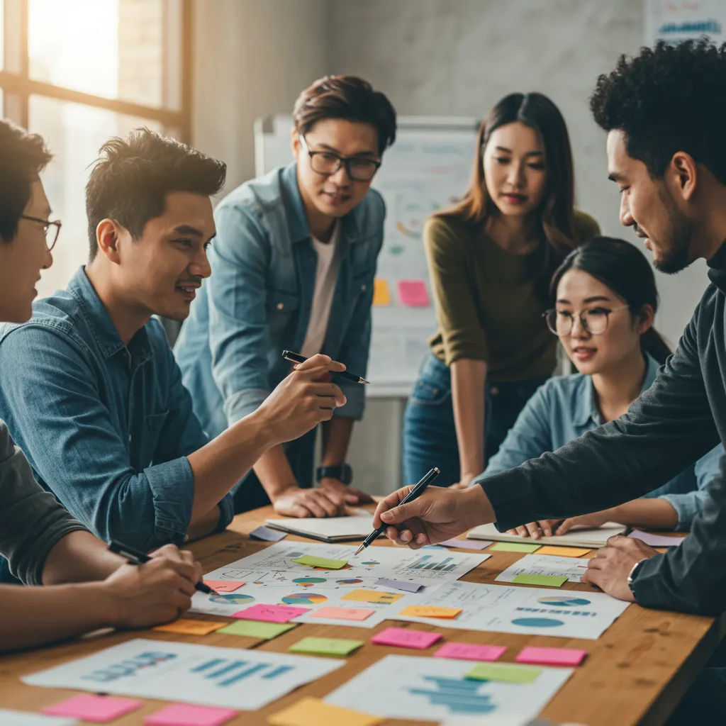 Groupe de professionnels en atelier utilisant des post-it et des graphiques pour cartographier les facteurs de valeur client