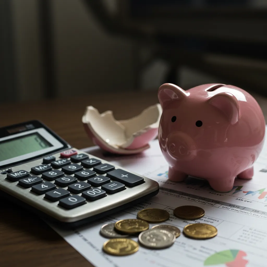 Calculatrice et tirelire cassée sur un bureau, symbolisant les erreurs de tarification