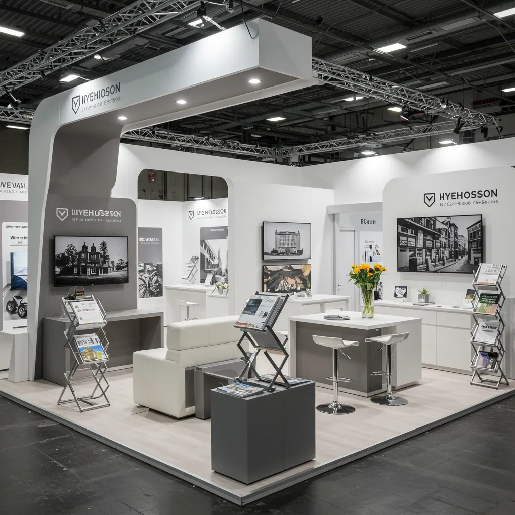 Stand moderne sur un salon professionnel avec mobilier design et supports marketing