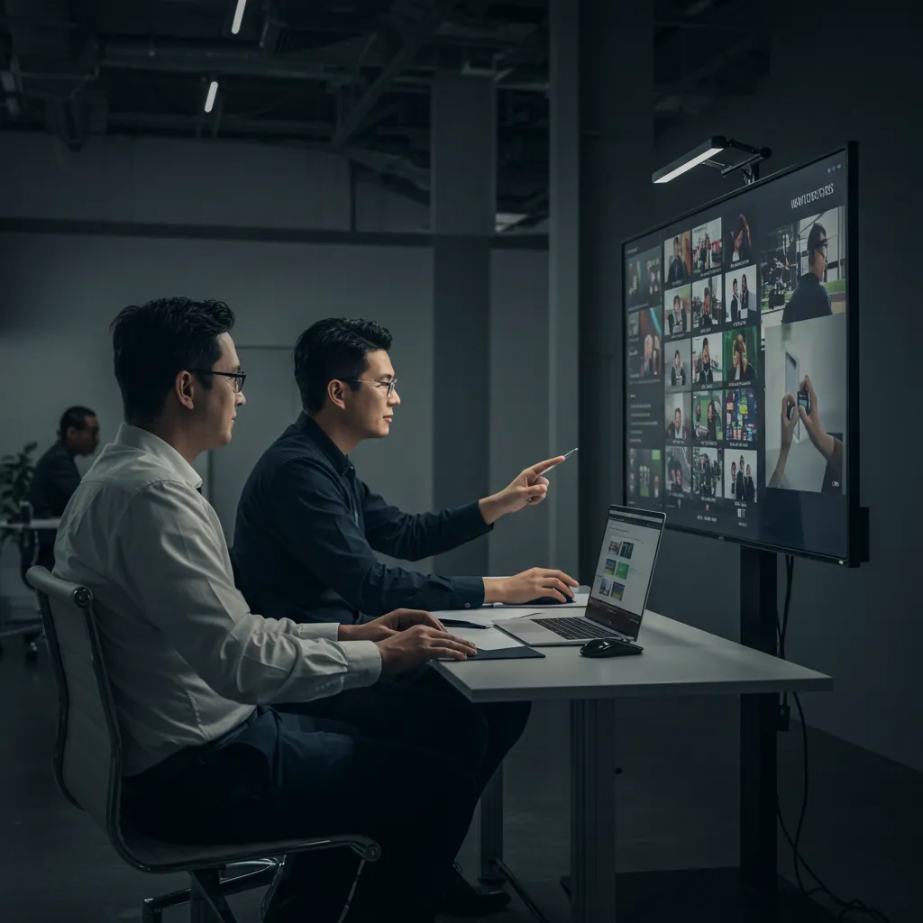 Équipe commerciale participant à un salon virtuel sur un écran géant