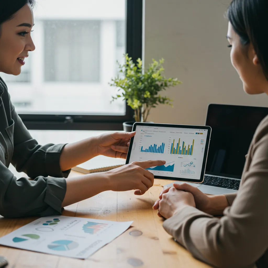 Customer success manager en réunion proactive avec un client, analysant des indicateurs de croissance