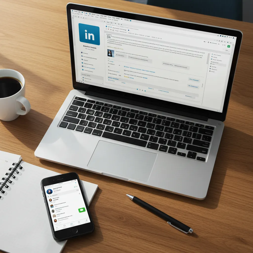 Profil LinkedIn optimisé sur un ordinateur portable, entouré d'accessoires de bureau