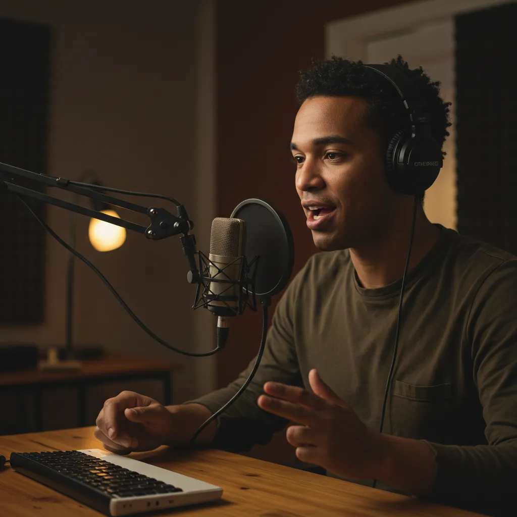 Dirigeant enregistrant un podcast dans un studio personnel, micro et casque visibles