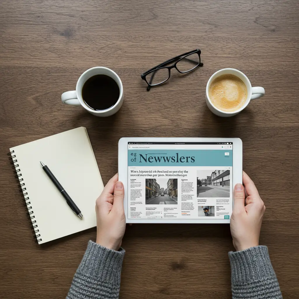 Personne lisant une newsletter sur une tablette, dans un cadre de travail matinal