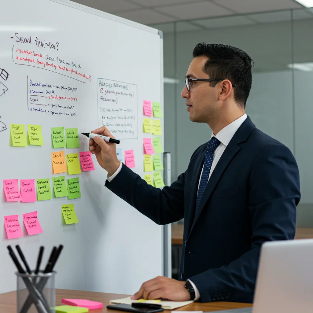 Dirigeant élaborant un plan d'action sur un tableau blanc, outils de stratégie visibles