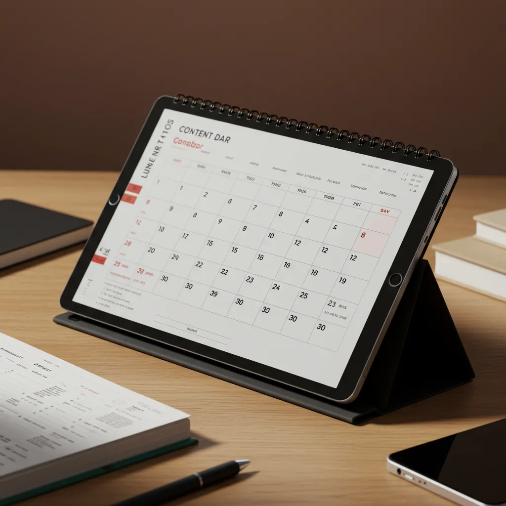 Calendrier éditorial affiché sur une tablette avec des accessoires de bureau