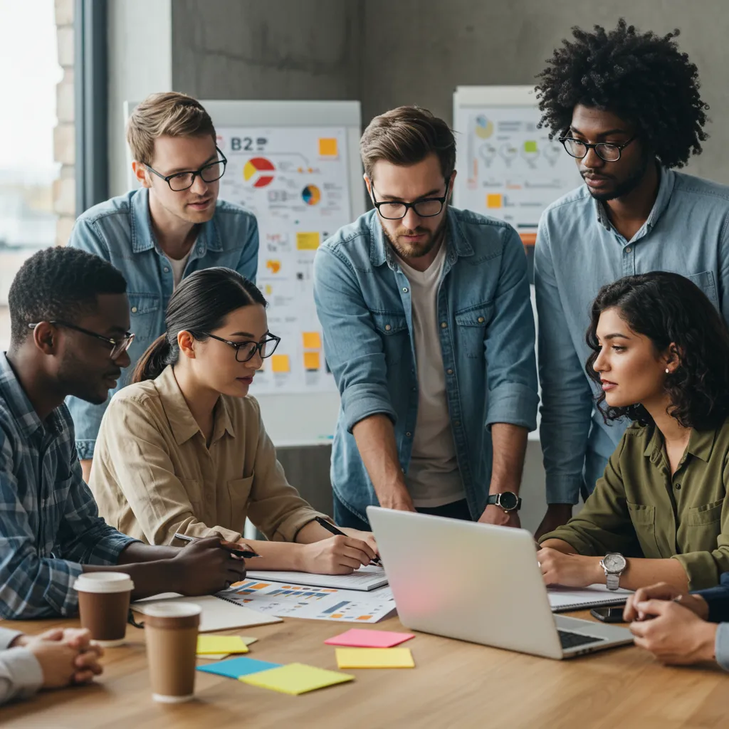 Équipe B2B diversifiée collaborant sur une stratégie de contenu dans un bureau lumineux