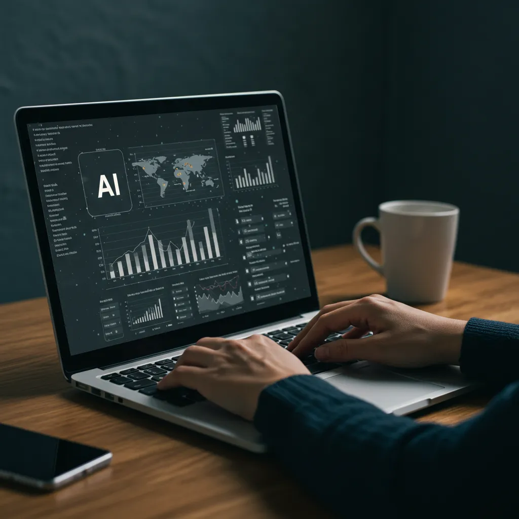 Personne consultant des résultats de recherche Google avec AI Overviews sur un ordinateur portable