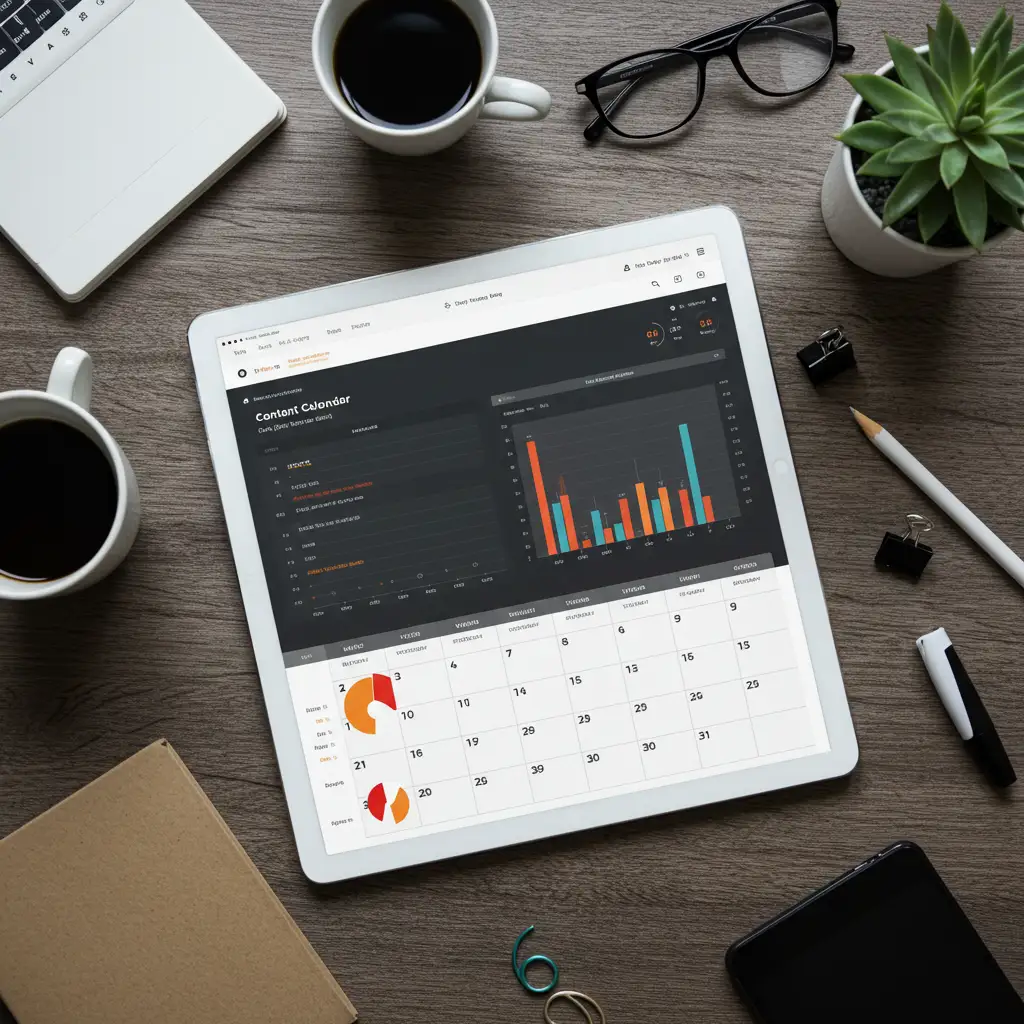 Calendrier de contenu et tableau de bord d'analyse sur une tablette, vue de dessus