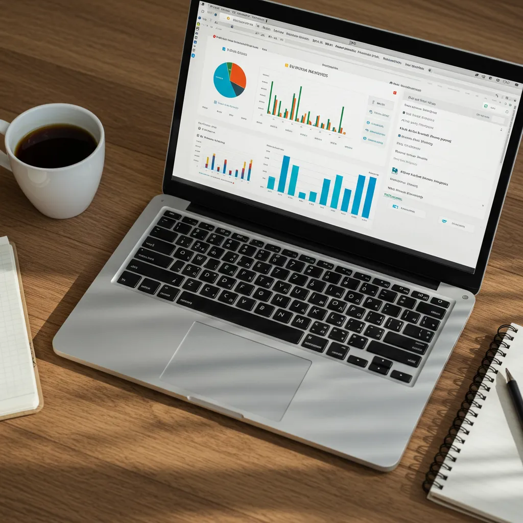 Vue de dessus d'un ordinateur portable affichant un tableau de bord d'analyse de newsletter B2B avec une tasse de café et un carnet