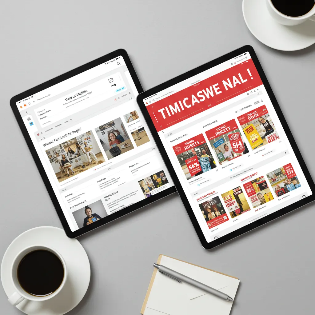 Comparaison côte à côte d'une newsletter B2B informative et d'un email commercial promotionnel sur une tablette