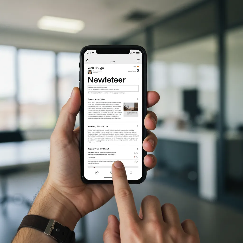 Gros plan d'une main tenant un smartphone affichant une newsletter B2B bien conçue dans un bureau en arrière-plan flou