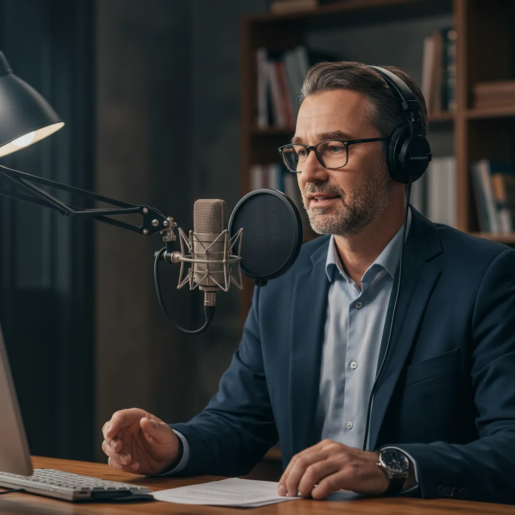Cadre dirigeant enregistrant un podcast d'entreprise dans un bureau moderne