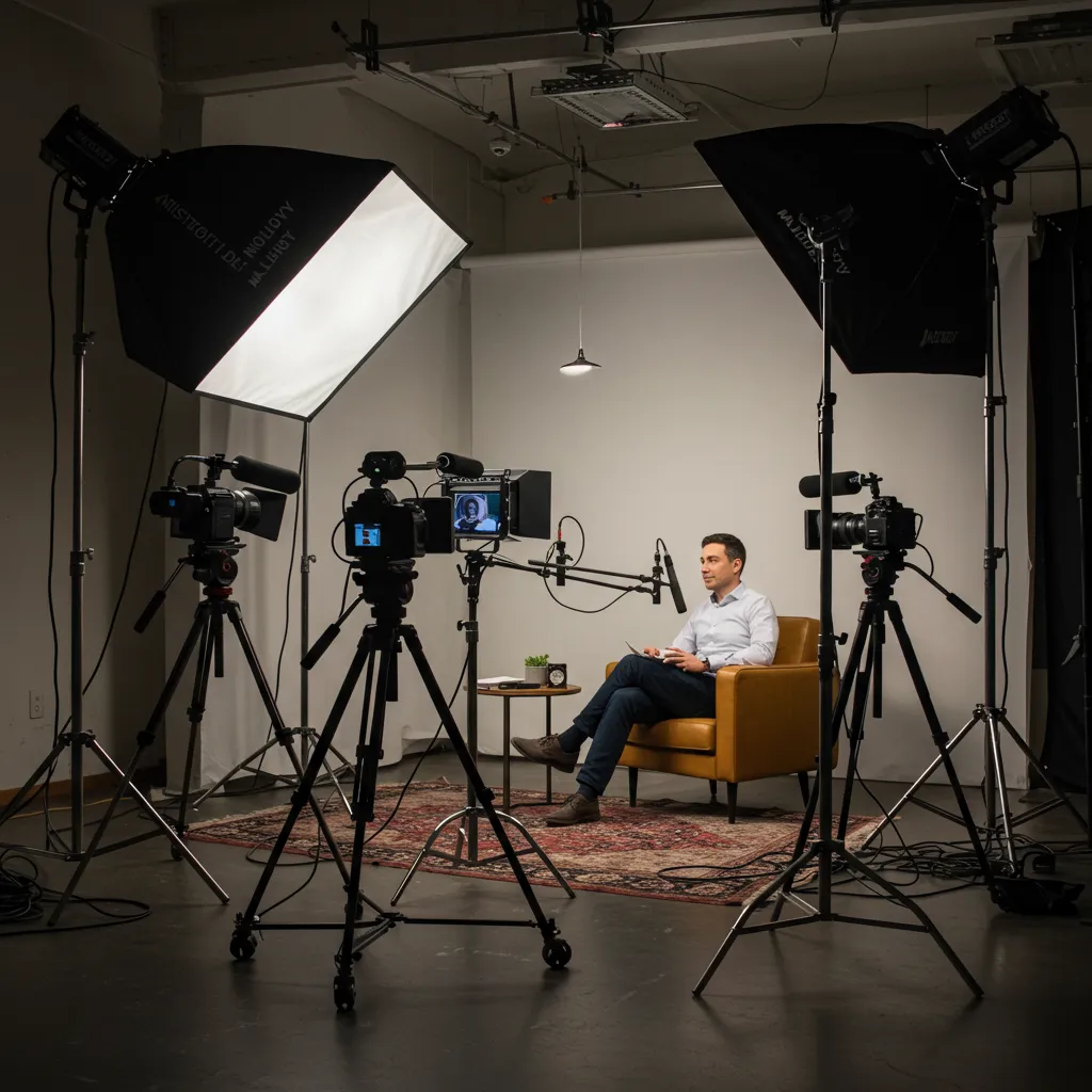 Production de vidéocast avec plusieurs caméras et éclairage professionnel