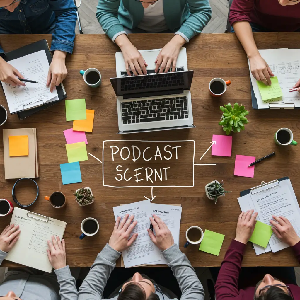 Équipe marketing planifiant une stratégie de podcast d'entreprise