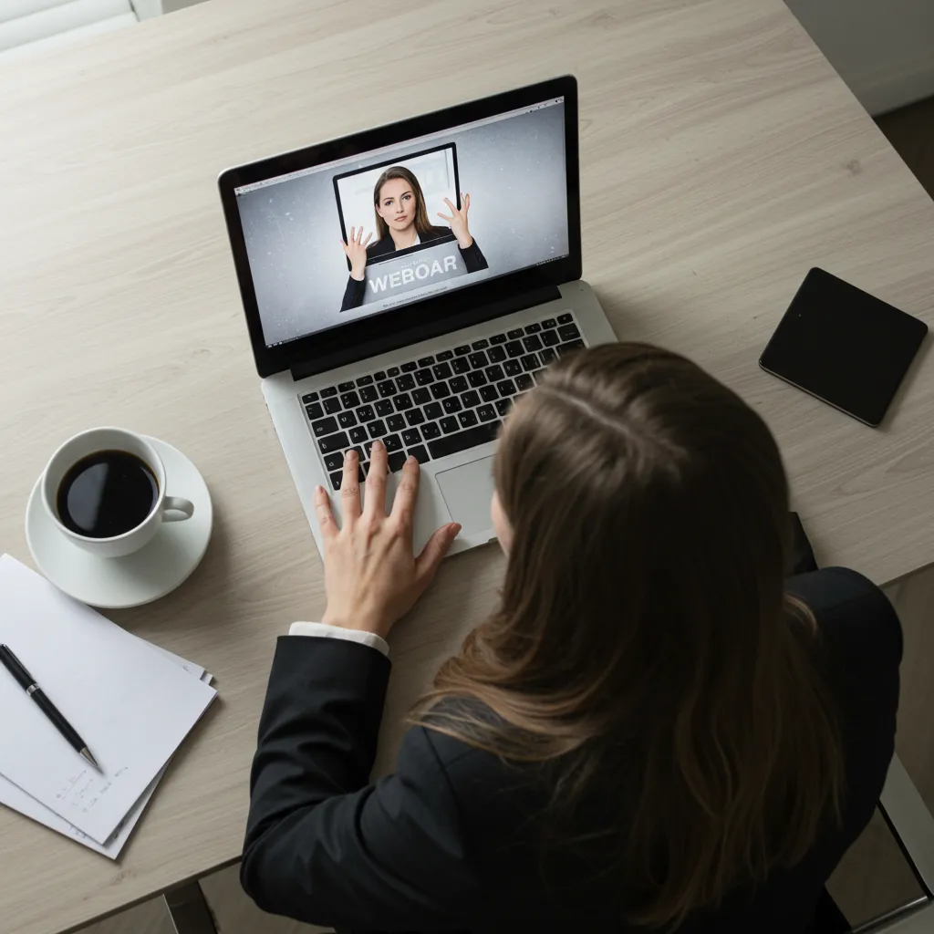 Femme d'affaires frustree regardant un ecran d'ordinateur avec un webinaire freeze