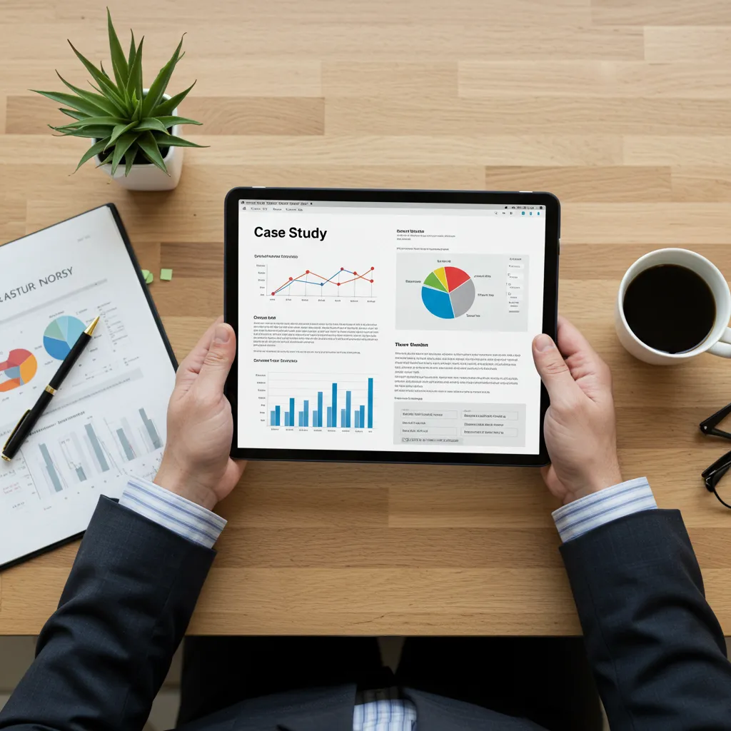 Personne lisant une etude de cas client sur une tablette, vue de dessus