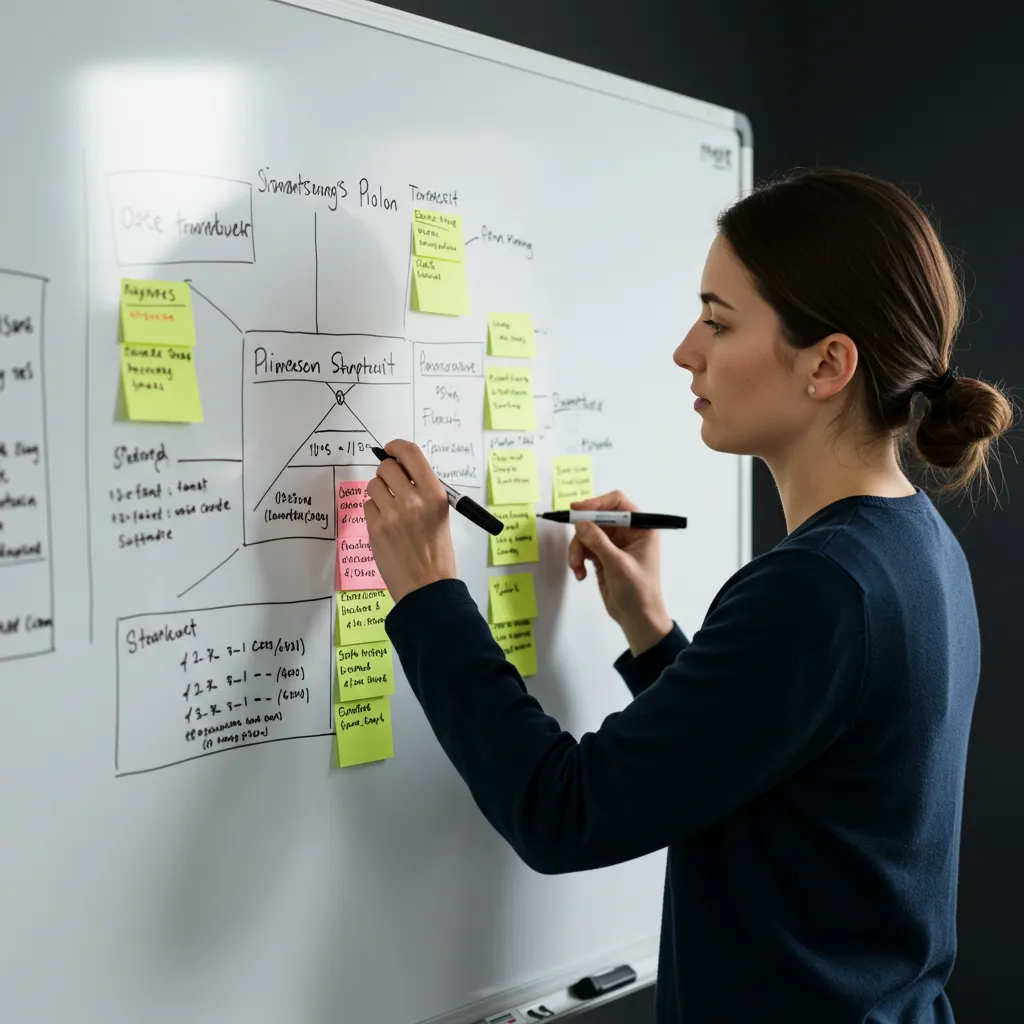 Personne ecrivant un plan structure sur un tableau blanc, ambiance creative