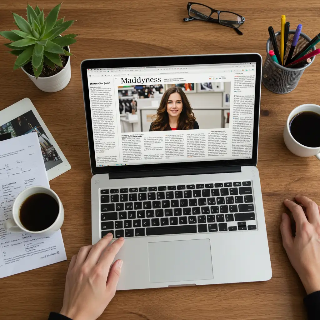 Bureau de journaliste avec ordinateur affichant un article de Maddyness