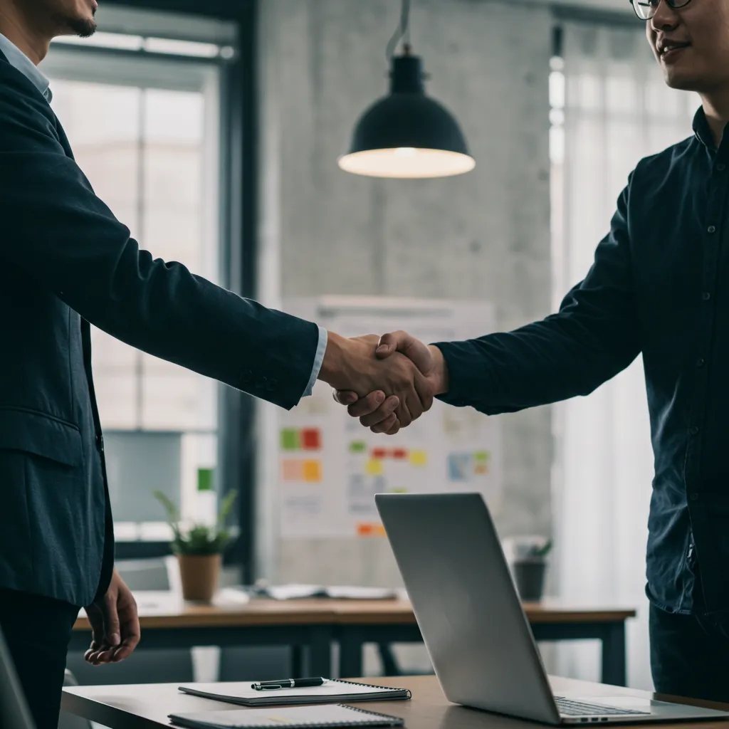 Fondateur de startup serrant la main d'un partenaire commercial dans un bureau moderne