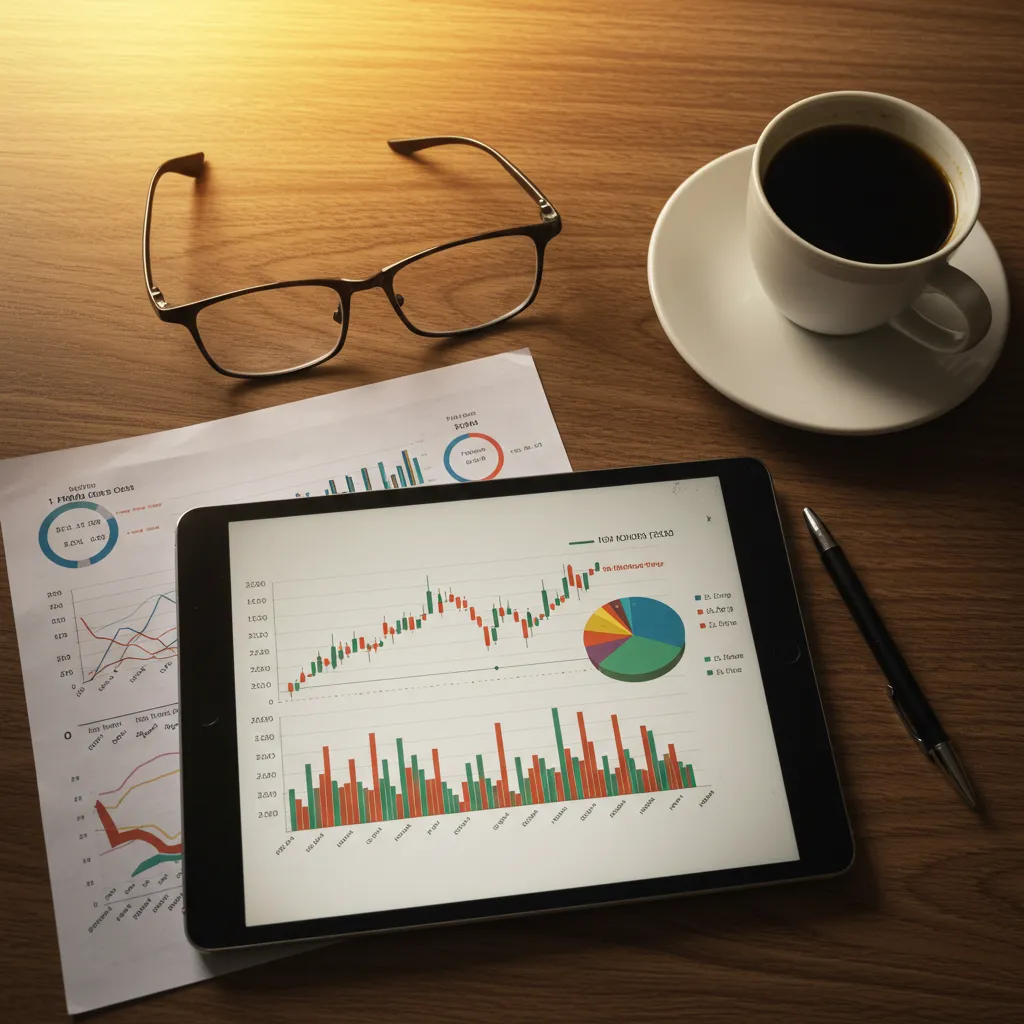Tablette affichant un graphique financier à côté d'une tasse de café sur une table en bois