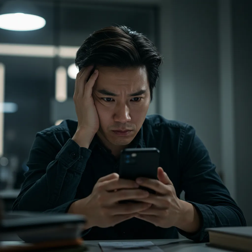 Personne regardant son smartphone avec une expression inquiète dans un bureau minimaliste