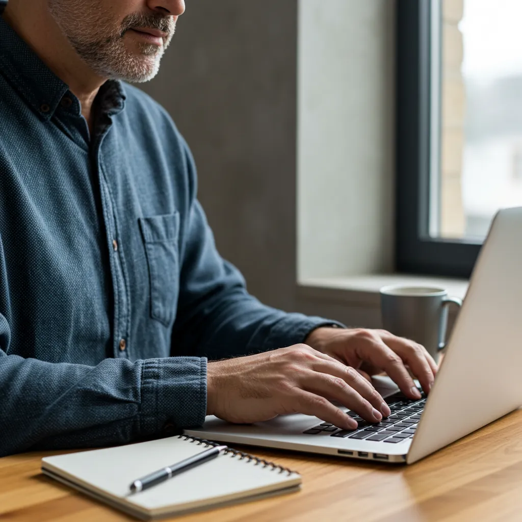 Gros plan d'un expert B2B créant du contenu sur son ordinateur portable dans un bureau lumineux
