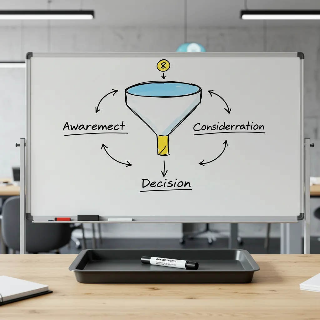 Tableau blanc illustrant un entonnoir de vente B2B avec les étapes de sensibilisation, considération et décision