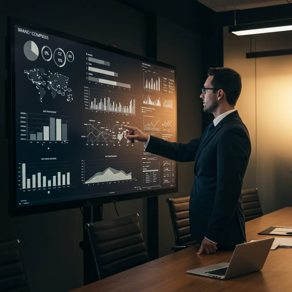 Dirigeant analysant des graphiques de stratégie de marque sur un écran, prise de décision entre construction et refonte