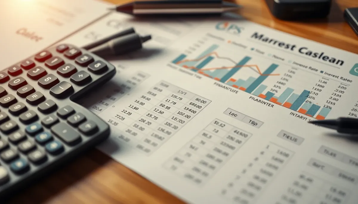 Détail d'un calcul financier avec calculatrice et graphiques de taux d'intérêt pour illustrer la rémunération des comptes courants
