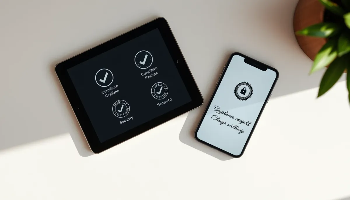 Vue de dessus d'appareils numériques affichant des symboles de conformité et de sécurité pour la facturation électronique
