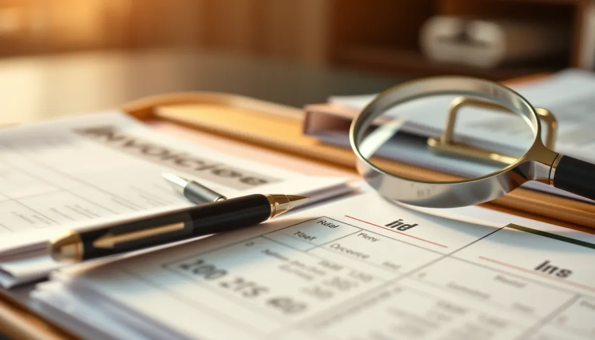 Gros plan de documents commerciaux organisés avec stylo et loupe, illustrant la gestion des factures par catégorie d'entreprise