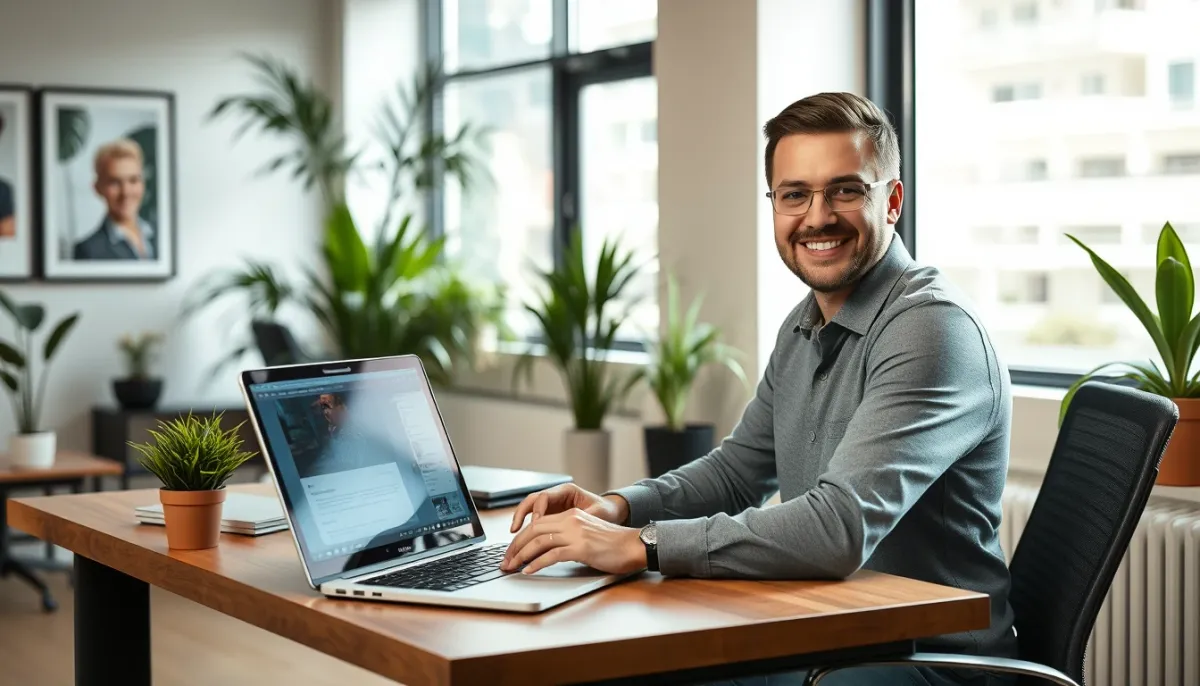 Professionnel travaillant sur un ordinateur portable dans un environnement de bureau moderne et lumineux avec interface utilisateur positive