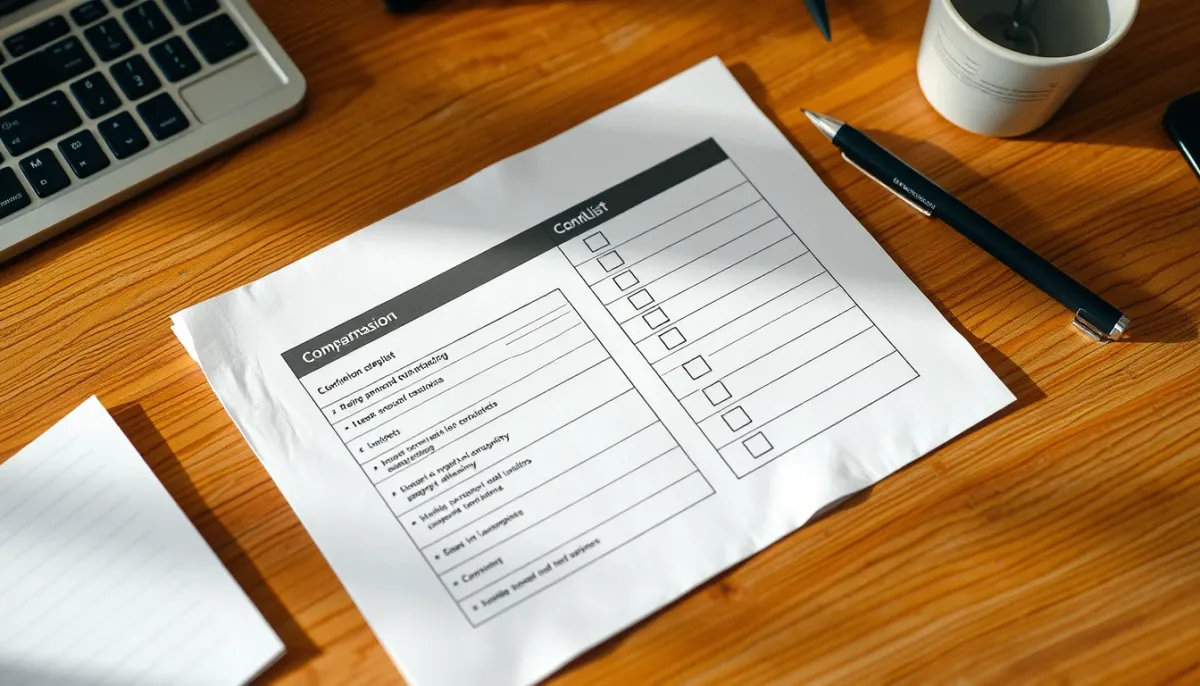 Document de comparaison structuré avec cases à cocher, vue de dessus sur un bureau en bois