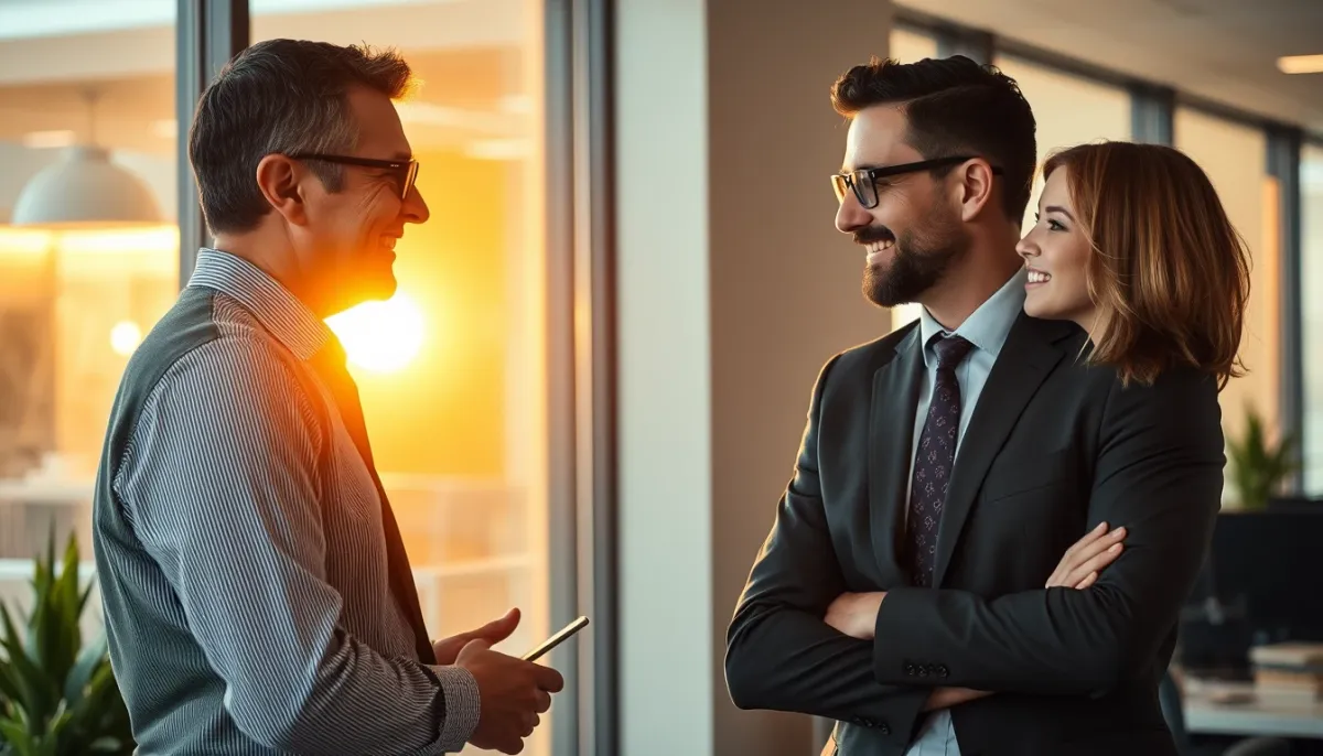 Manager et employé en conversation positive lors d'un entretien, lumière dorée naturelle, ambiance bienveillante