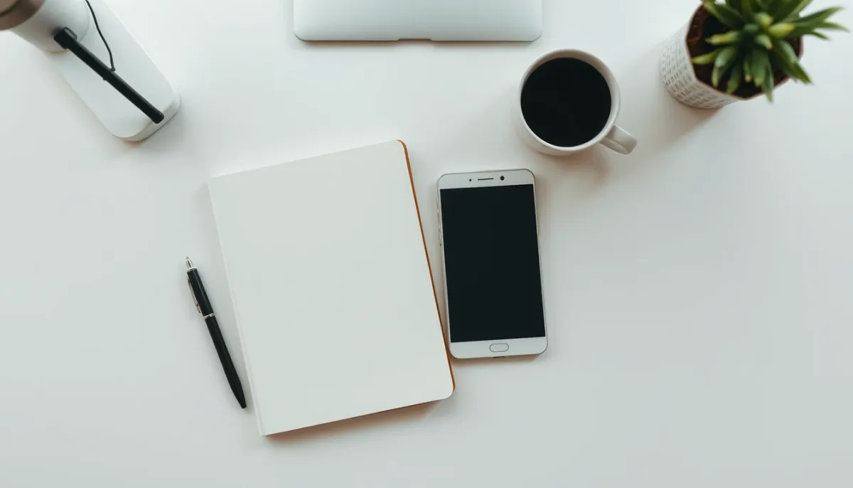 Espace de travail organisé avec bloc-notes et stylo, préparation d'entretien professionnel