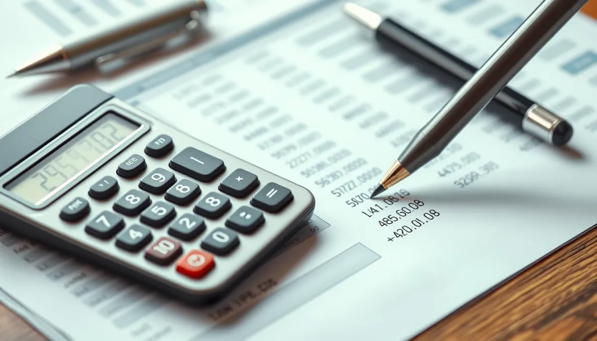 Gros plan sur une calculatrice et des documents financiers avec formules de calcul de marge