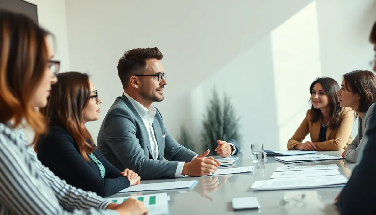 Manager dirigeant une réunion d'équipe avec une communication structurée et hiérarchisée
