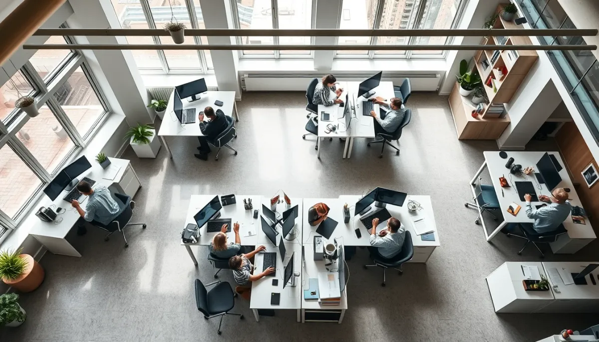 Équipe autonome travaillant en parallèle dans un environnement de travail flexible et moderne