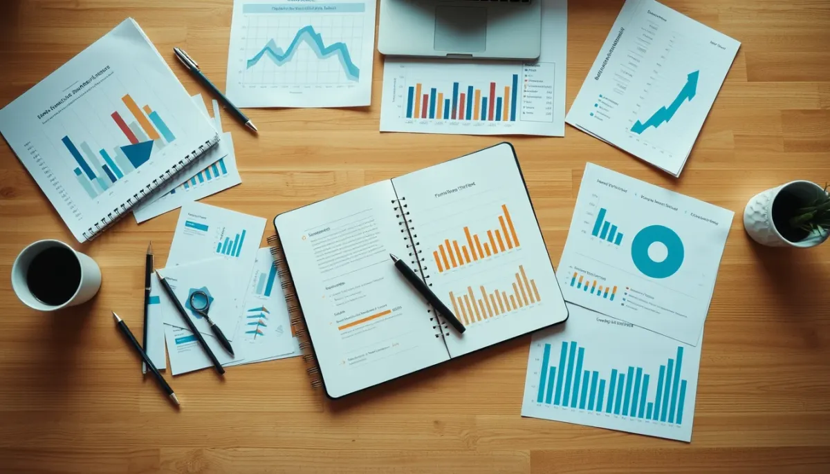 Vue de dessus d'une table de réunion avec documents financiers et métriques de fidélisation client